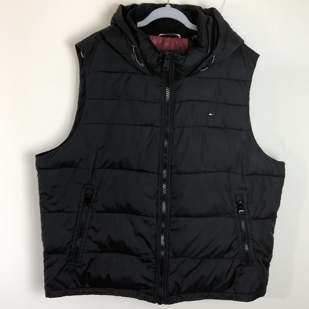 Tommy Hilfiger Men's Black Solid Quilted Full Zip Hooded Puffer Vest Sz 2XL